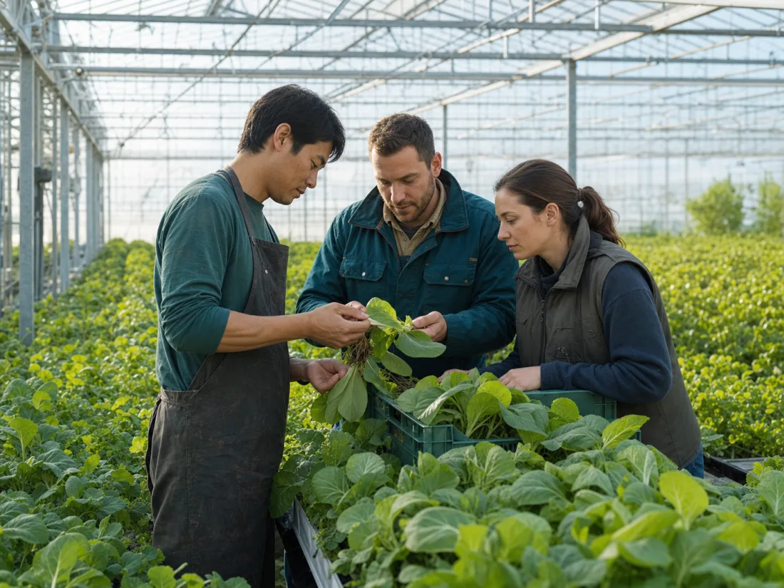 Agricultural workers inspecting greenhouse vegetables