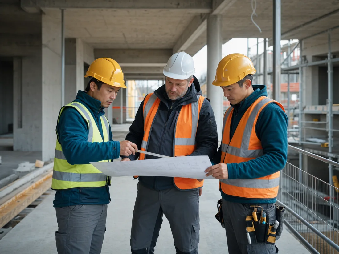 Construction workers reviewing plans on an active building site