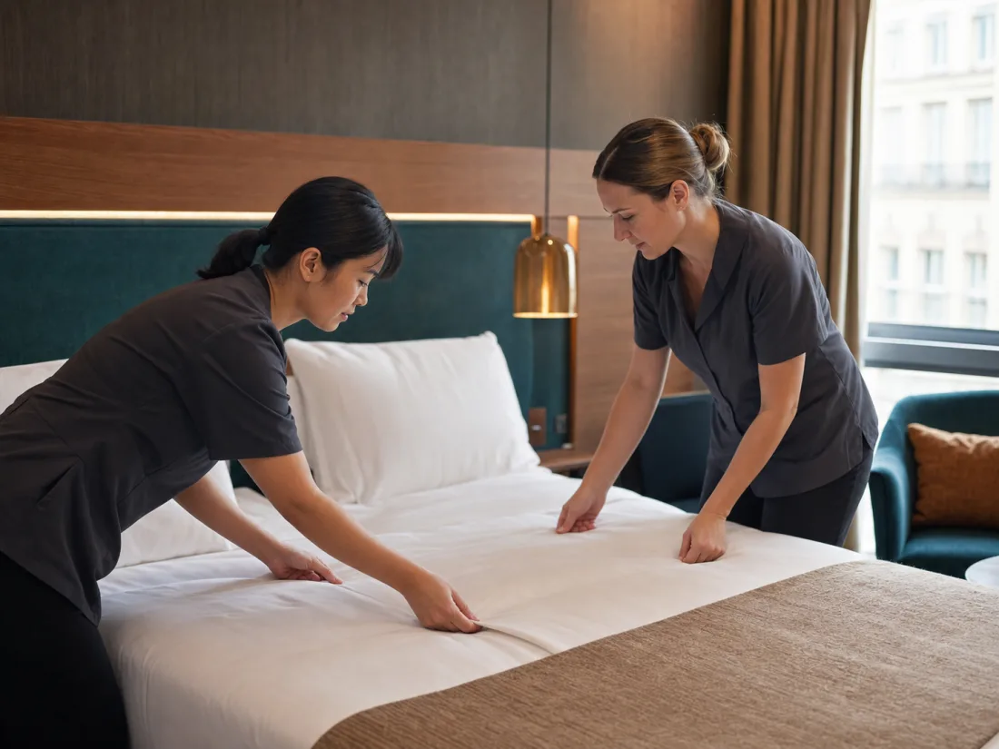 Hospitality workers preparing a guest room together