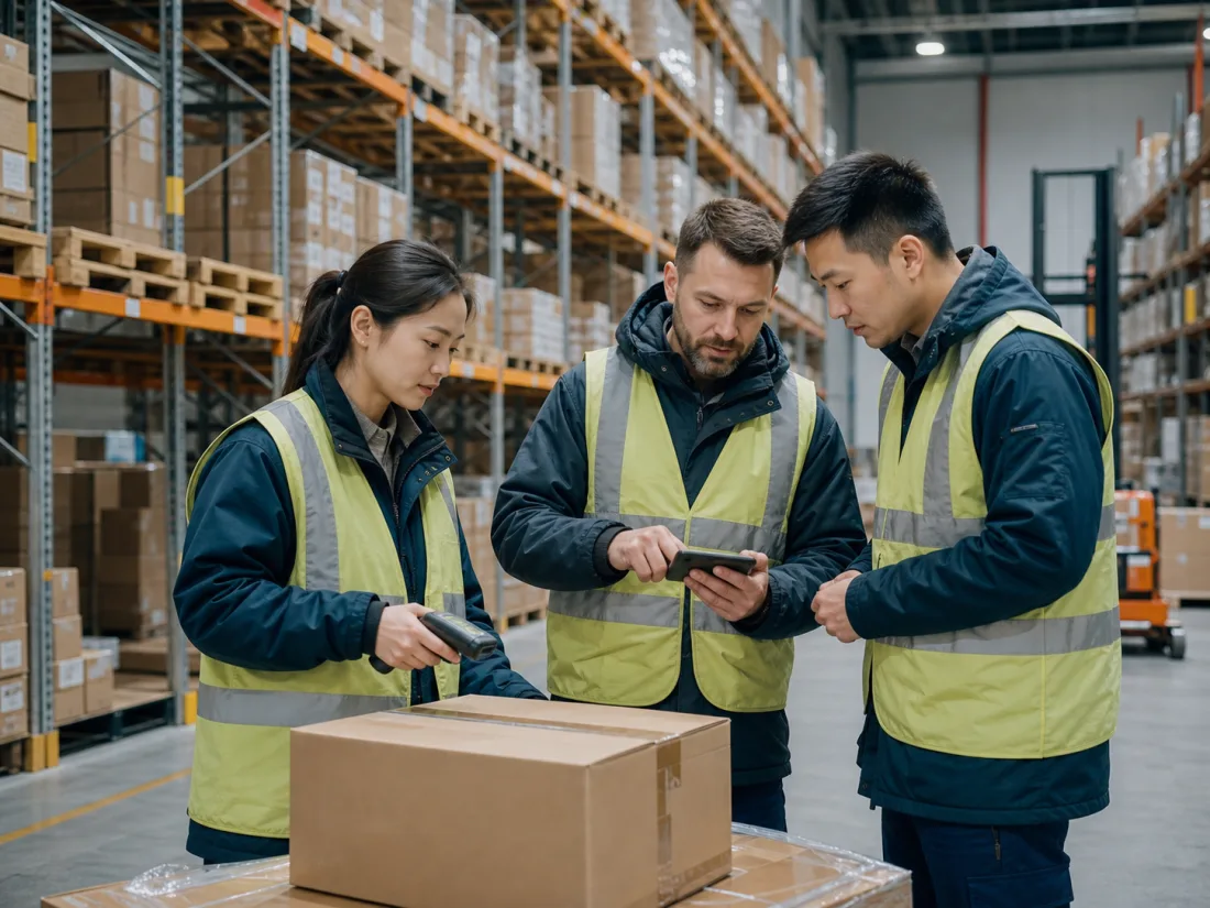 Warehouse workers coordinating a shipment in a distribution centre