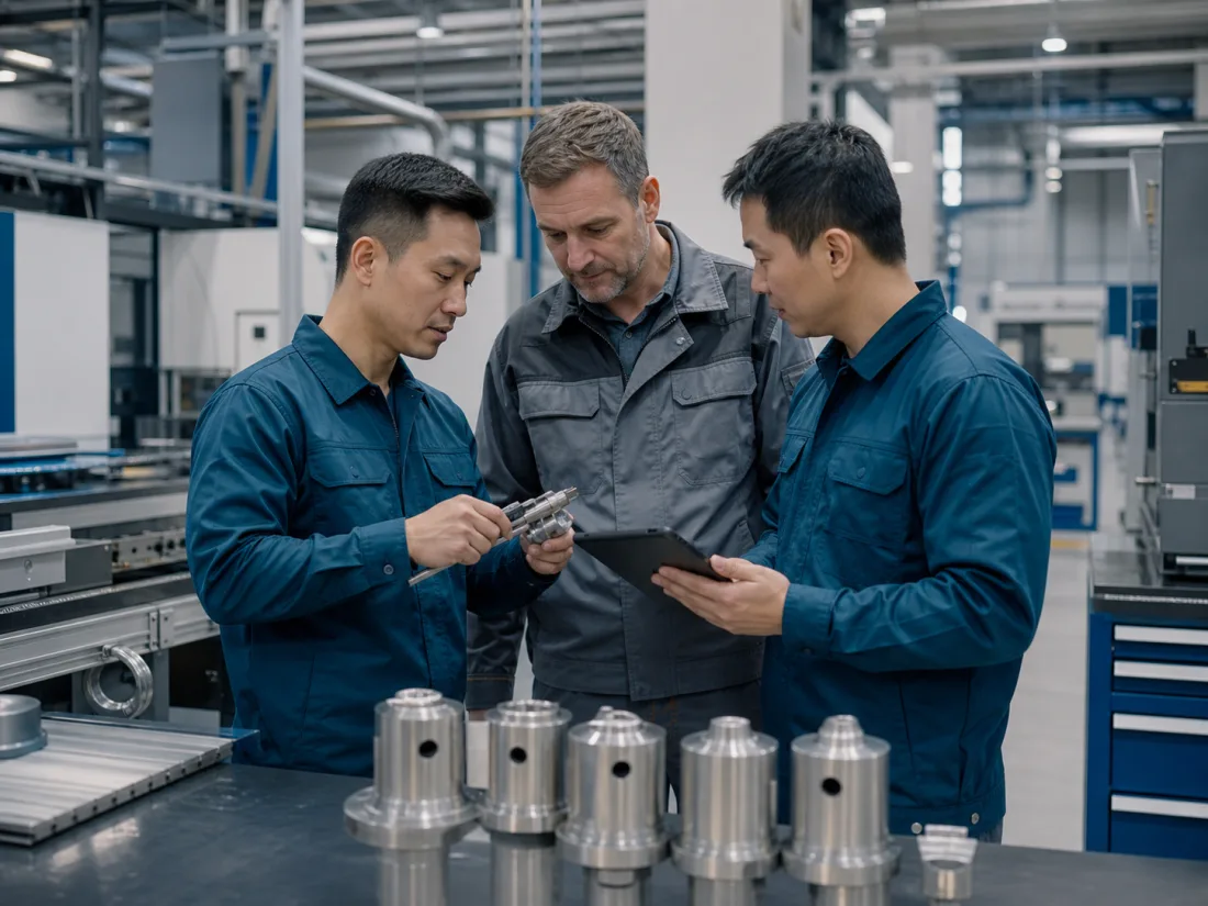 Manufacturing technicians checking a machined component